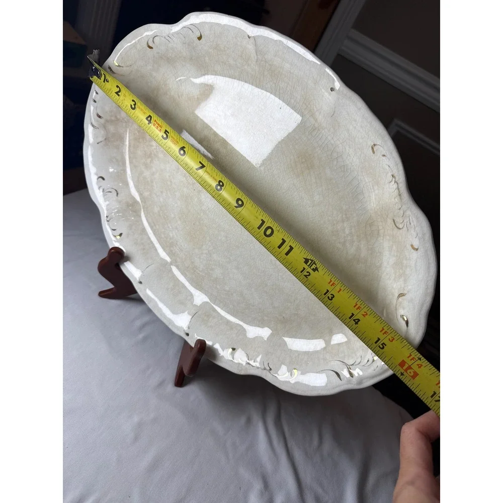 Vintage Sanford Porcelain Oval Serving Platter Scalloped Gold Gilt 16 Inch